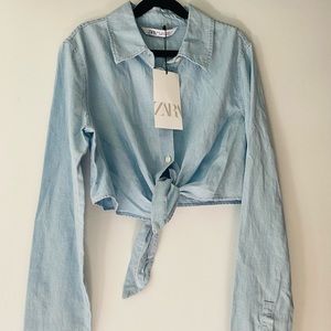 Zara chambray cropped tie front shirt. New with tags. Never been worn.